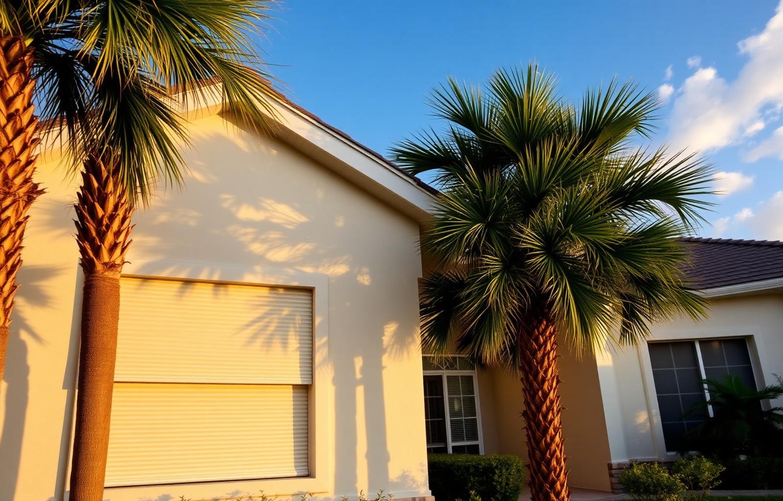 Florida home with closed accordion hurricane shutters at golden hour